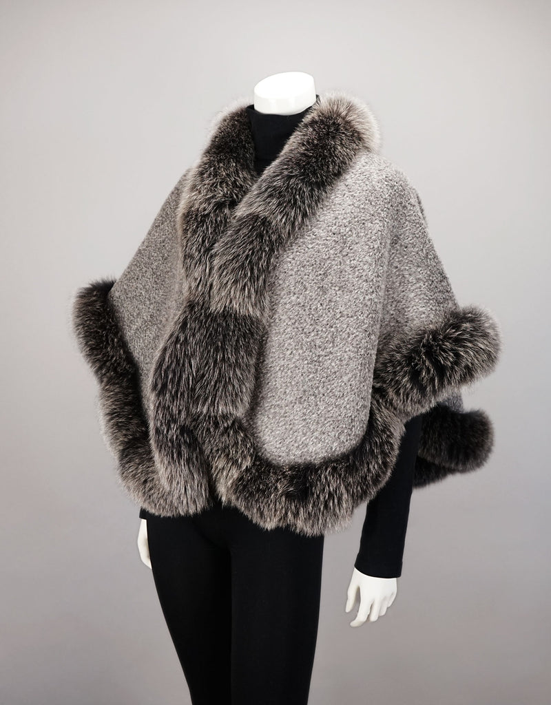 Petite Alpaca Cape with Fox Trim - Silver Black Snow