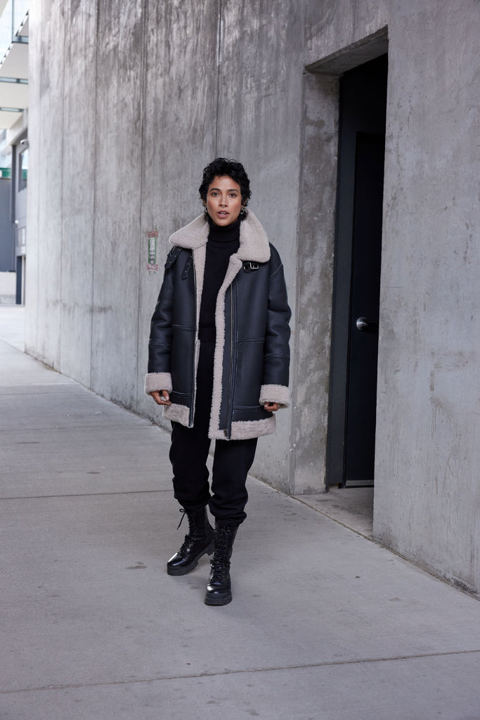 Long Reversible Shearling Bomber Jacket
