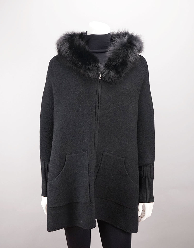 Hooded Zip Poncho with Pockets Fox Trim - Black