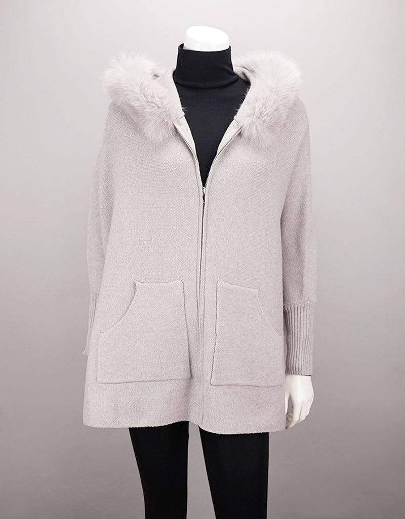 Hooded Zip Poncho with Pockets Fox Trim - Light Grey