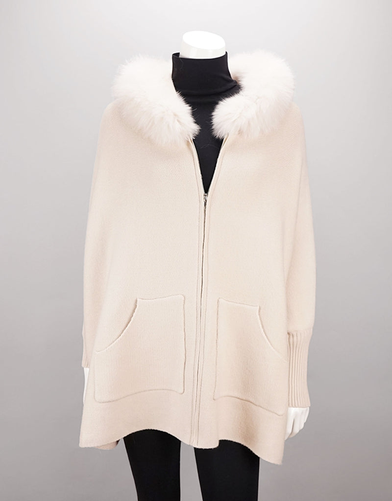 Hooded Zip Poncho with Pockets Fox Trim - Pearl