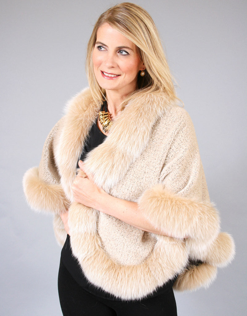 Petite Alpaca Cape with Fox Trim - Beige