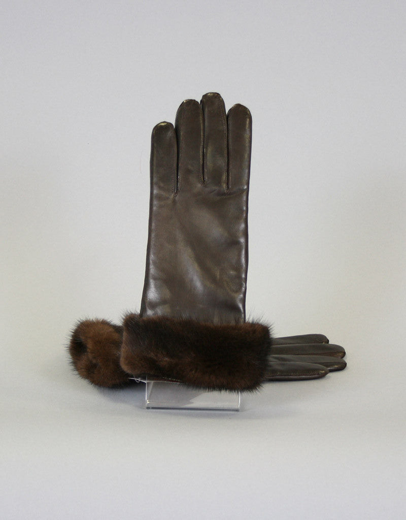 Cashmere Lined Fur Trim Glove-Brown/ Mahogany