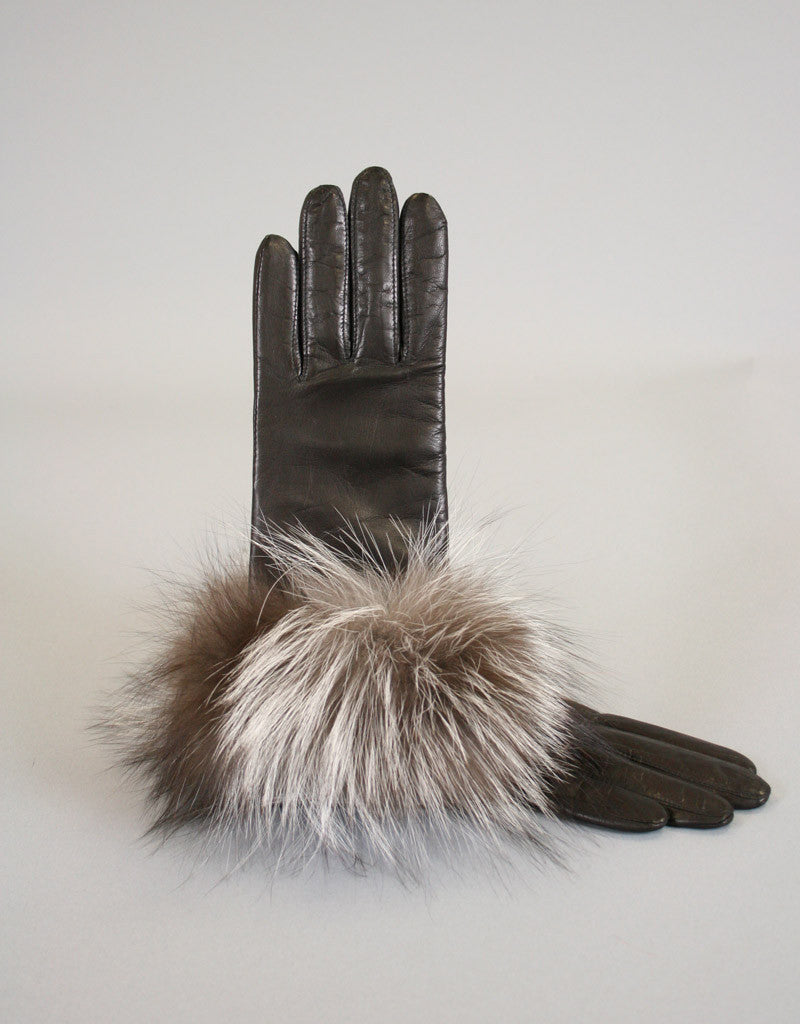 Cashmere Lined Fur Trim Glove-Brown/ Mahogany