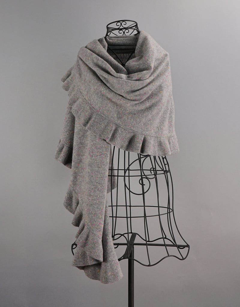 Beautiful Cashmere Ruffle Shawl- Grey Fleck