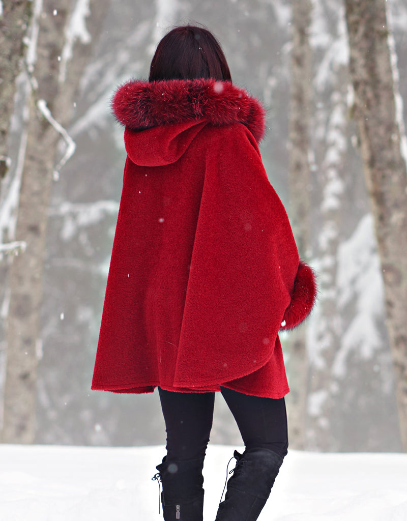 Hooded One Button Cape- Red