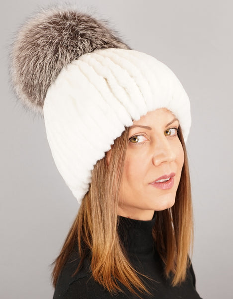 White Snowflake Sparkle Beanie with White Fox Fur Pom-Pom | Day Furs