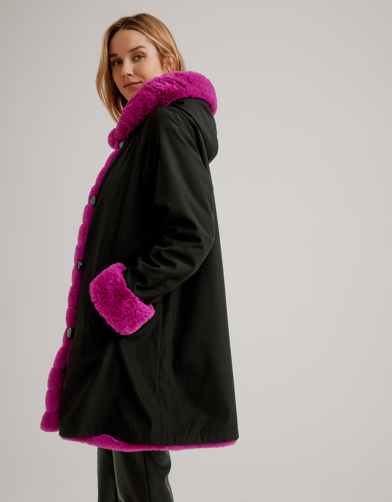 Hooded Reversible Faux Fur Stroller- Black Fuchsia
