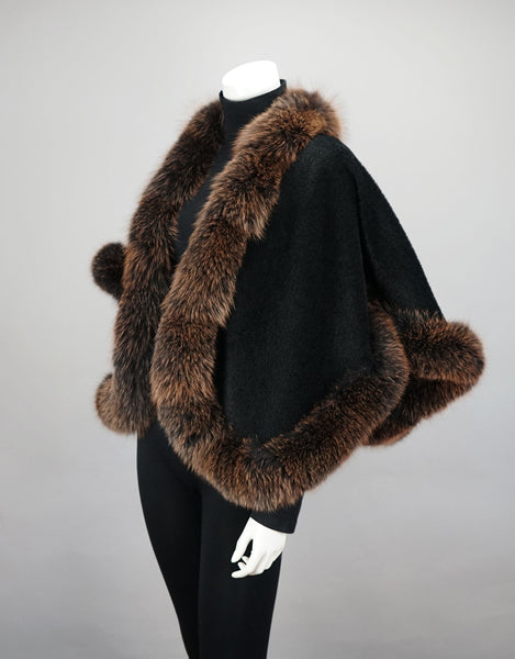 Petite Alpaca Cape with Fox Trim - Black Brown