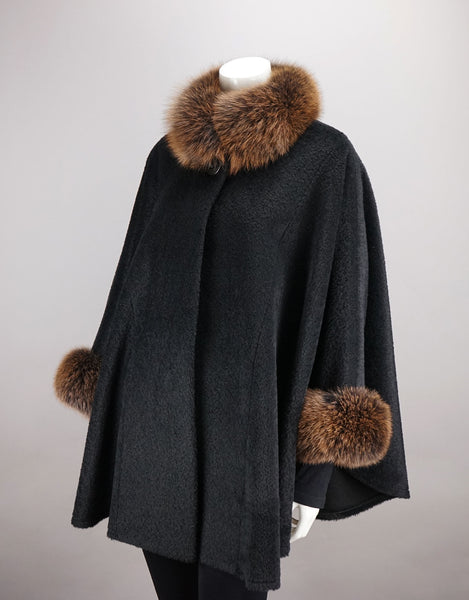Wool & Alpaca Blend Mandarin Collar Cape - Black Brown