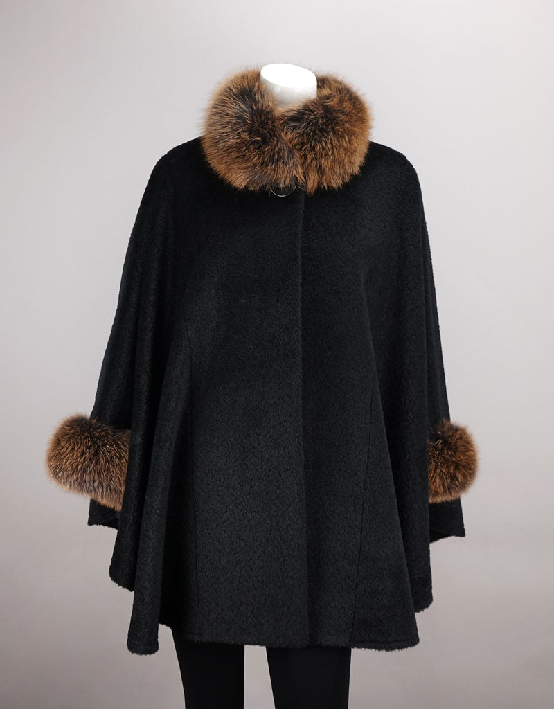 Wool & Alpaca Blend Mandarin Collar Cape - Black Brown
