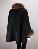 Wool & Alpaca Blend Mandarin Collar Cape - Black Brown