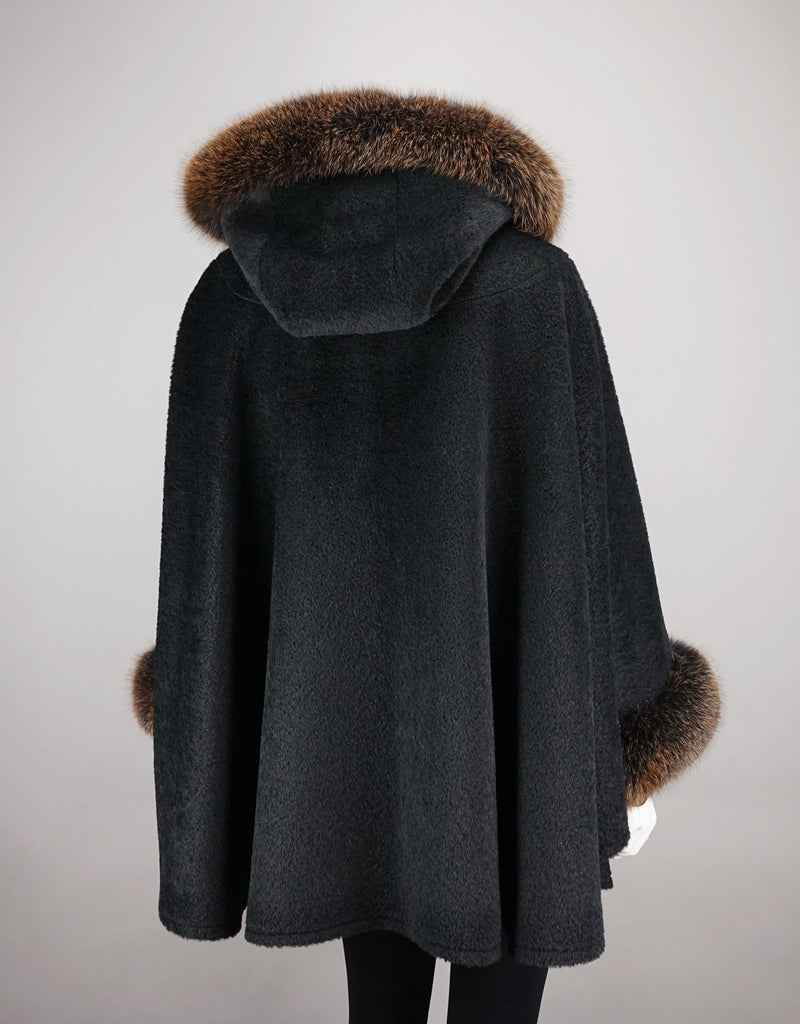Hooded One Button Cape- Black Brown