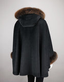 Hooded One Button Cape- Black Brown