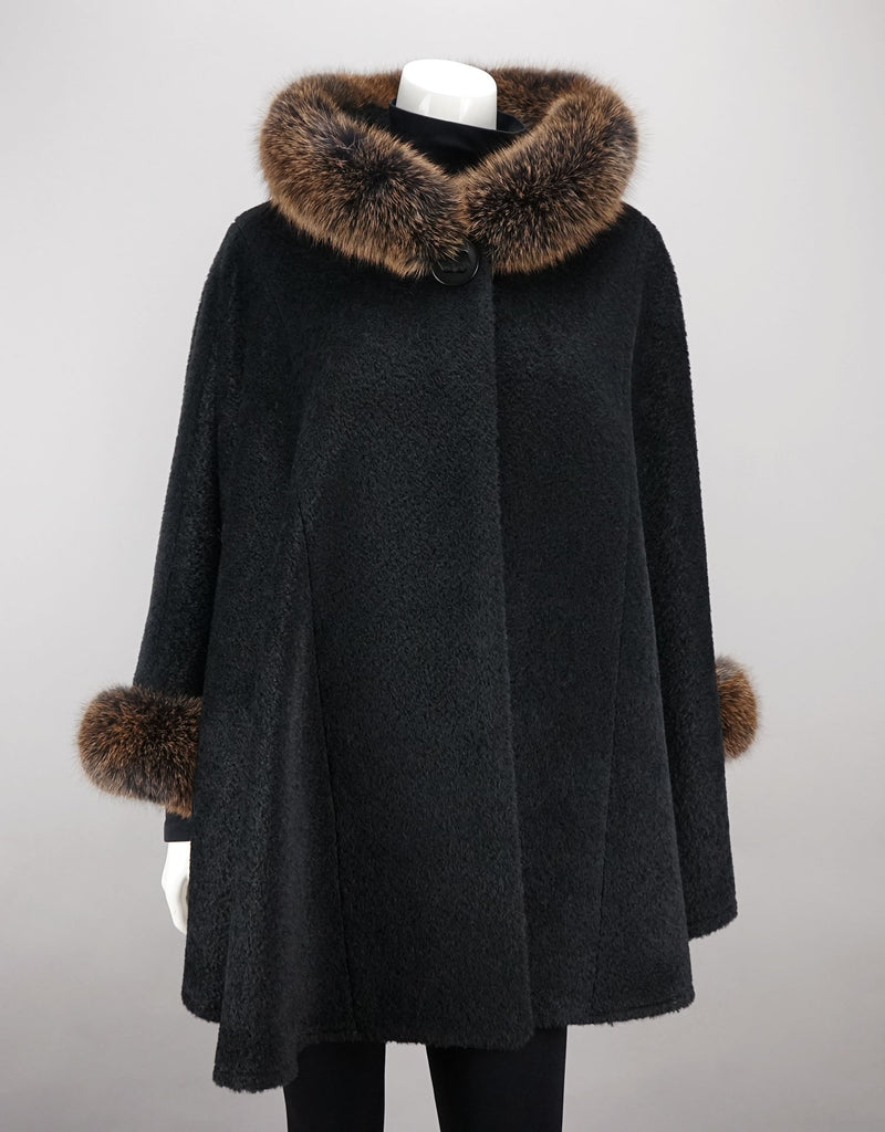 Hooded One Button Cape- Black Brown