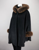 Hooded One Button Cape- Black Brown