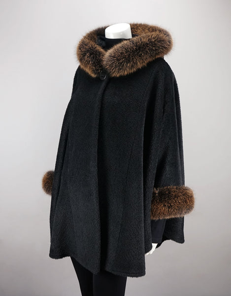 Hooded One Button Cape- Black Brown