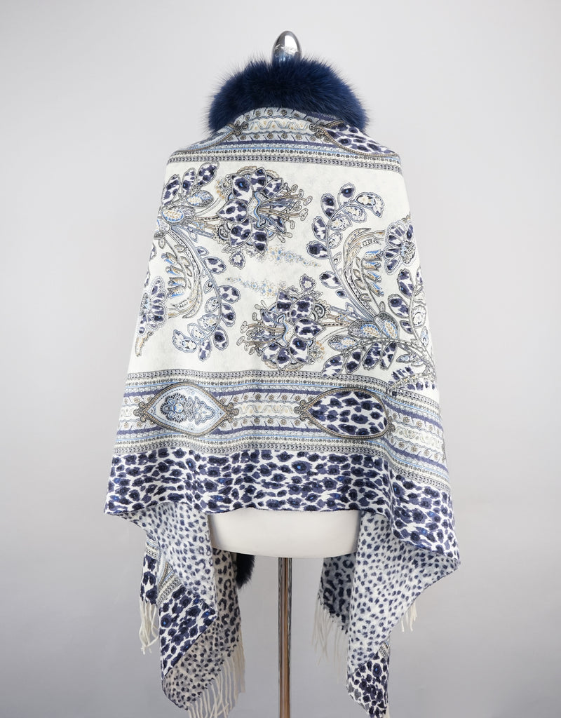 Printed Cashmere Blend Shawl - Navy