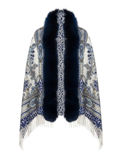 Printed Cashmere Blend Shawl - Navy