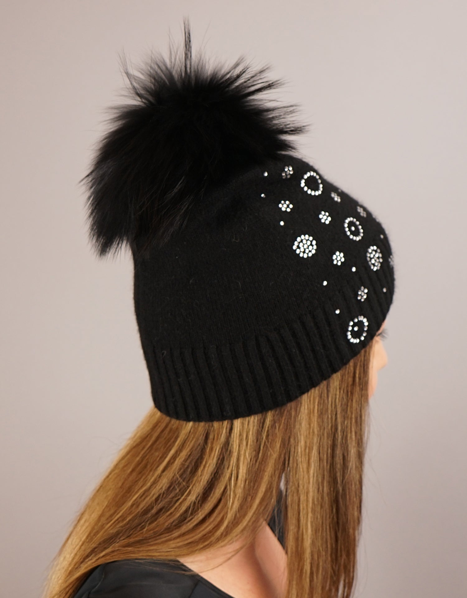 Circle Flower Rhinestone Hat- Black - Snowflake