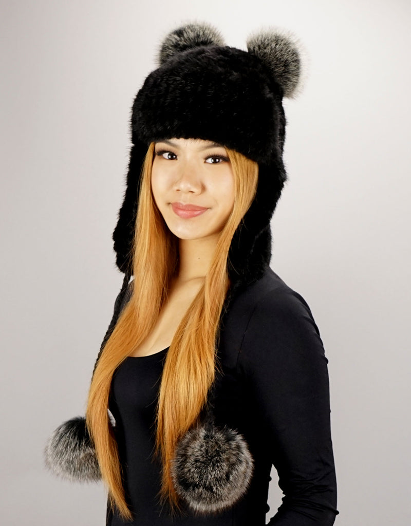 Handwoven Mink Fox Pom Hat, Brown Crystal