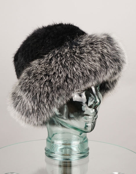 Hand woven Mink hat with Fox Trim - Black Frost