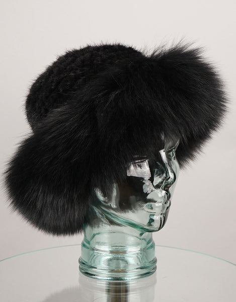 Hand woven Mink hat with Fox Trim - Black