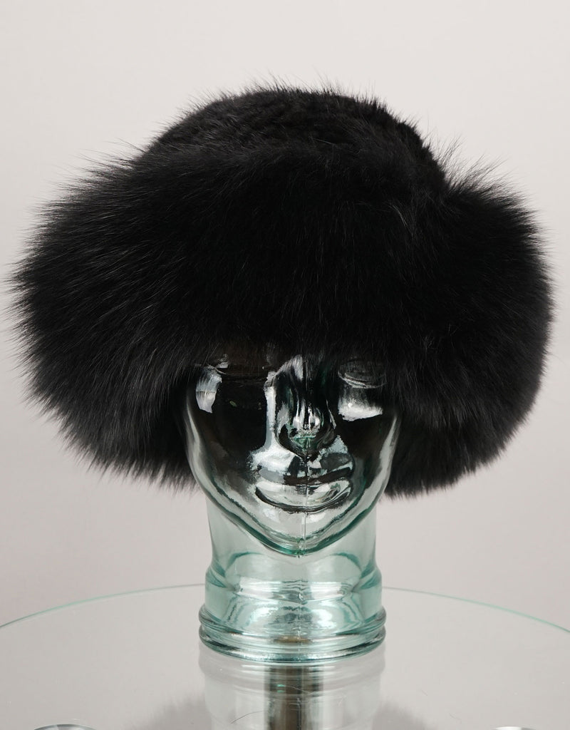 Hand woven Mink hat with Fox Trim - Black