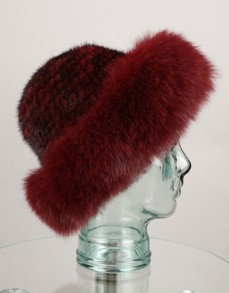 Hand woven Mink hat with Fox Trim - Burgundy