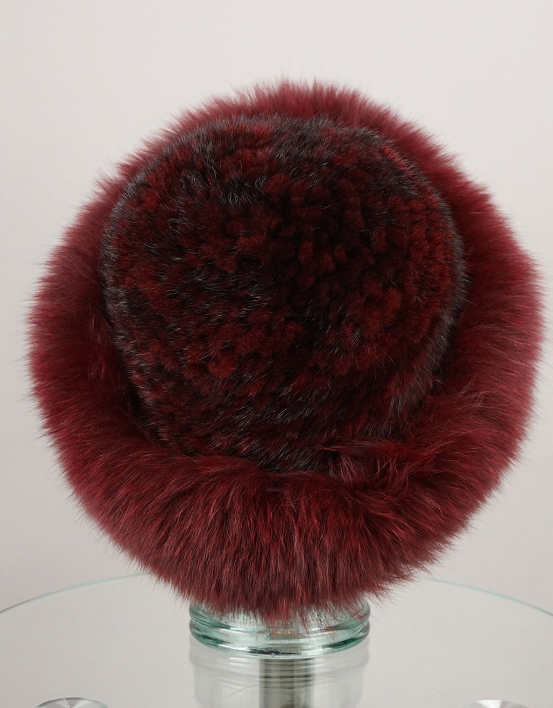 Hand woven Mink hat with Fox Trim - Burgundy