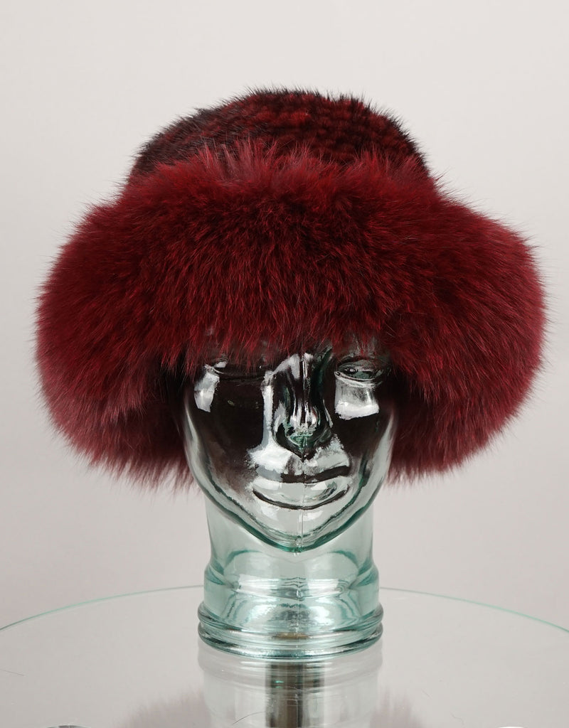 Hand woven Mink hat with Fox Trim - Burgundy