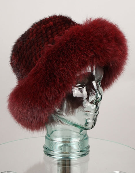 Hand woven Mink hat with Fox Trim - Burgundy