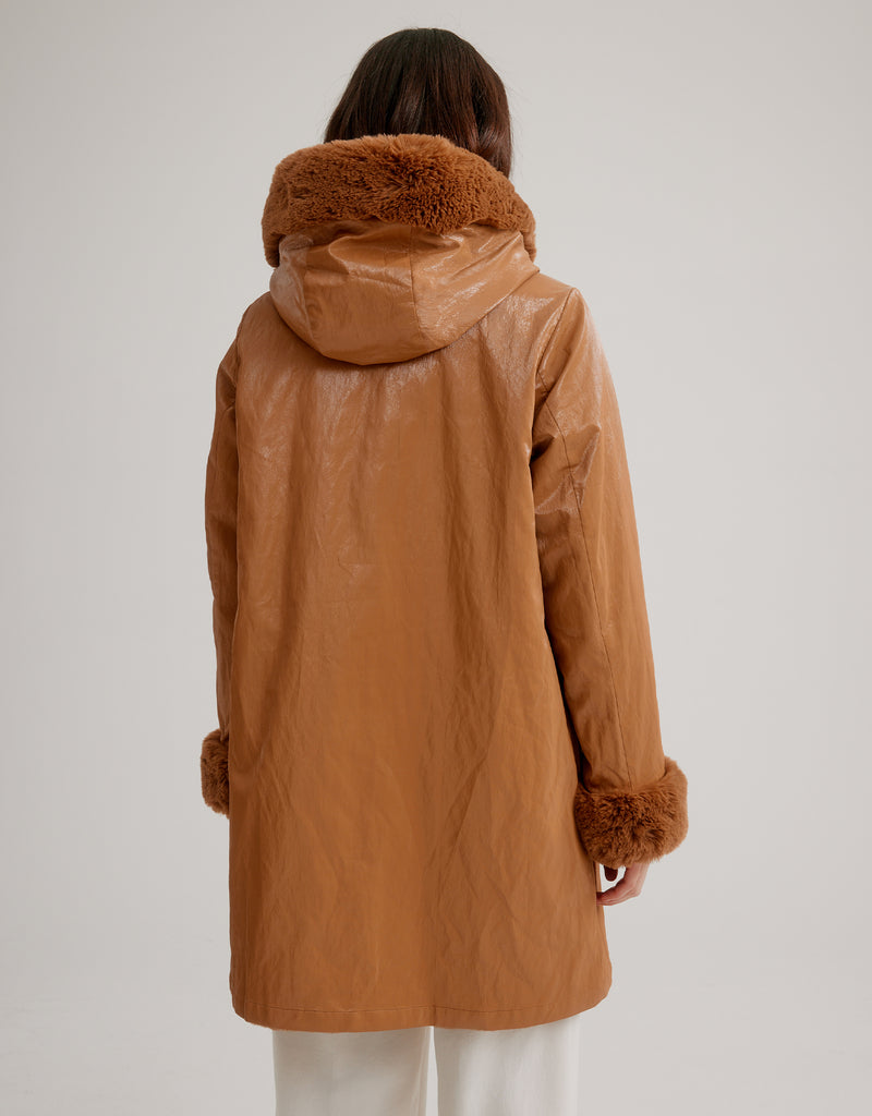 Hooded Reversible Faux Fur Stroller - Caramel Krinkle