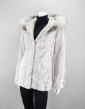 Sheared Mink Sections Coat with Fox Trim Hood - Ice