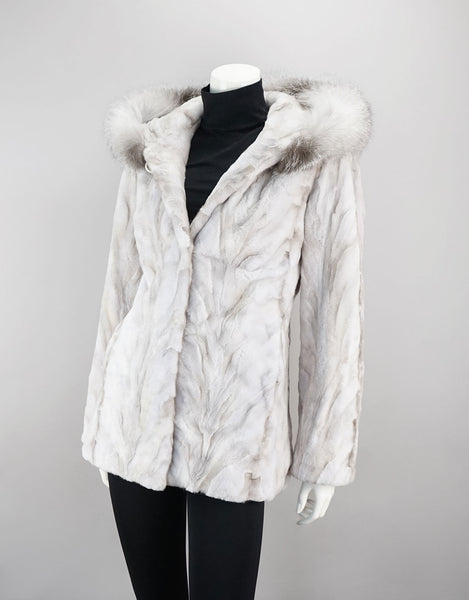 Sheared Mink Sections Coat with Fox Trim Hood - Ice