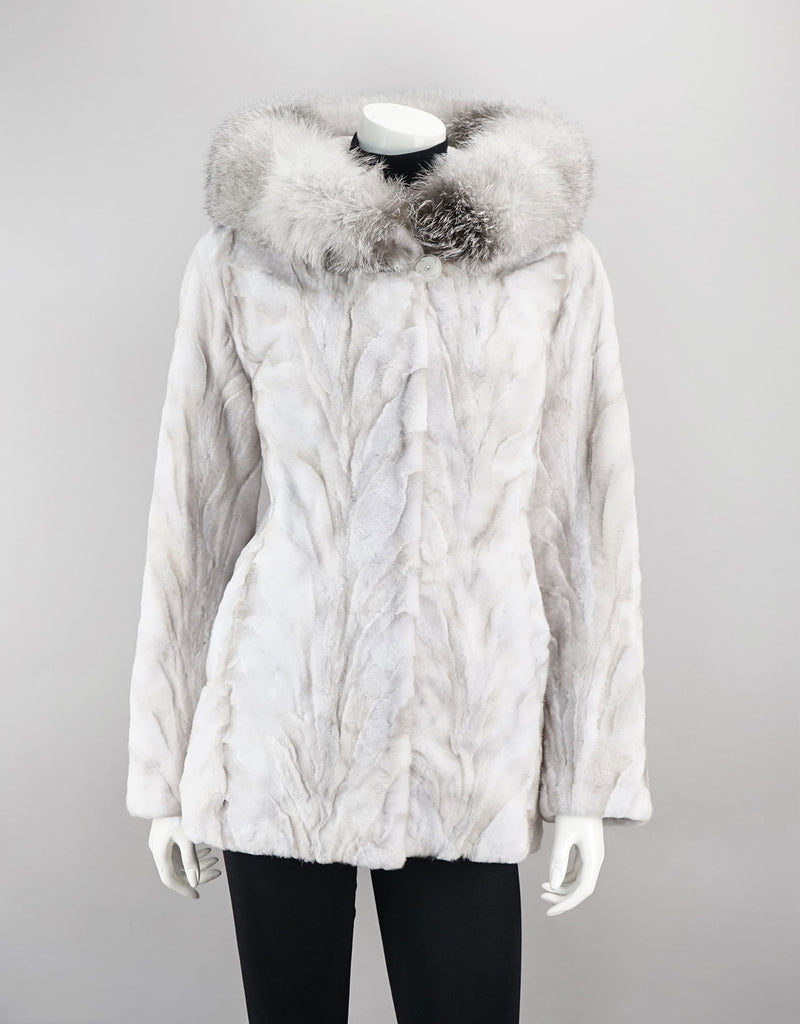 Sheared Mink Sections Coat with Fox Trim Hood - Ice