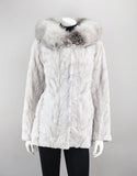 Sheared Mink Sections Coat with Fox Trim Hood - Ice