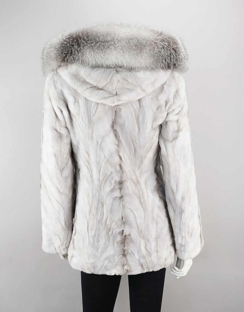 Sheared Mink Sections Coat with Fox Trim Hood - Ice