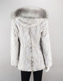 Sheared Mink Sections Coat with Fox Trim Hood - Ice