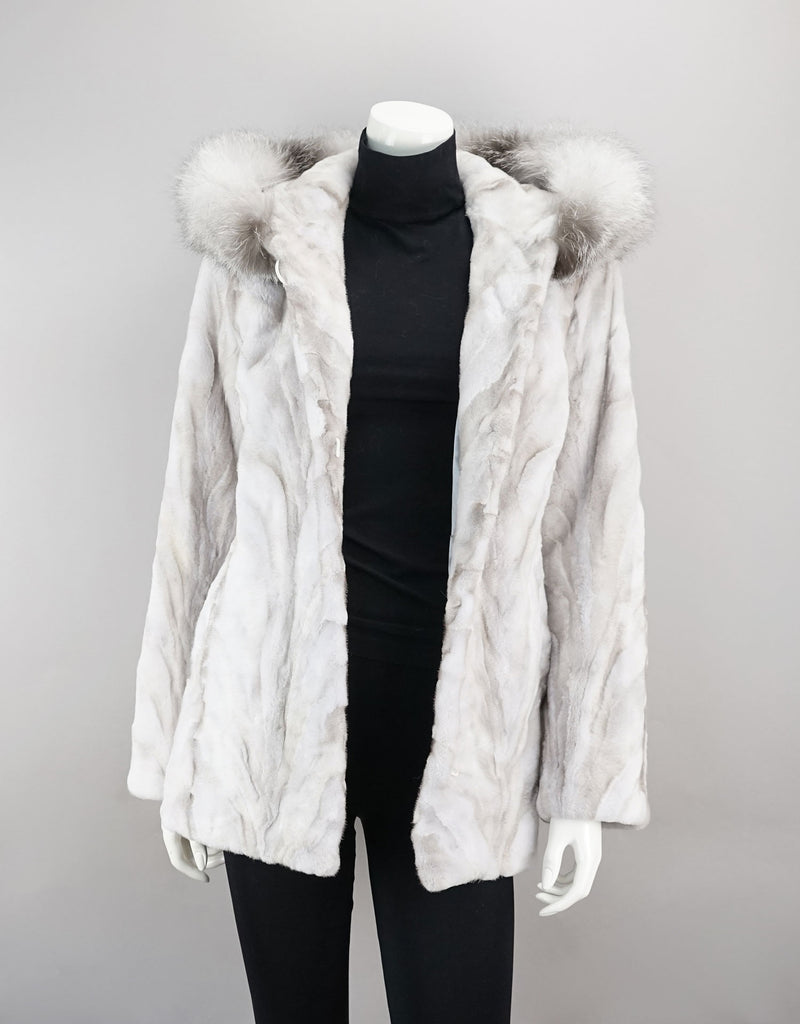Sheared Mink Sections Coat with Fox Trim Hood - Ice