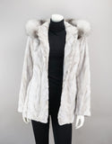 Sheared Mink Sections Coat with Fox Trim Hood - Ice