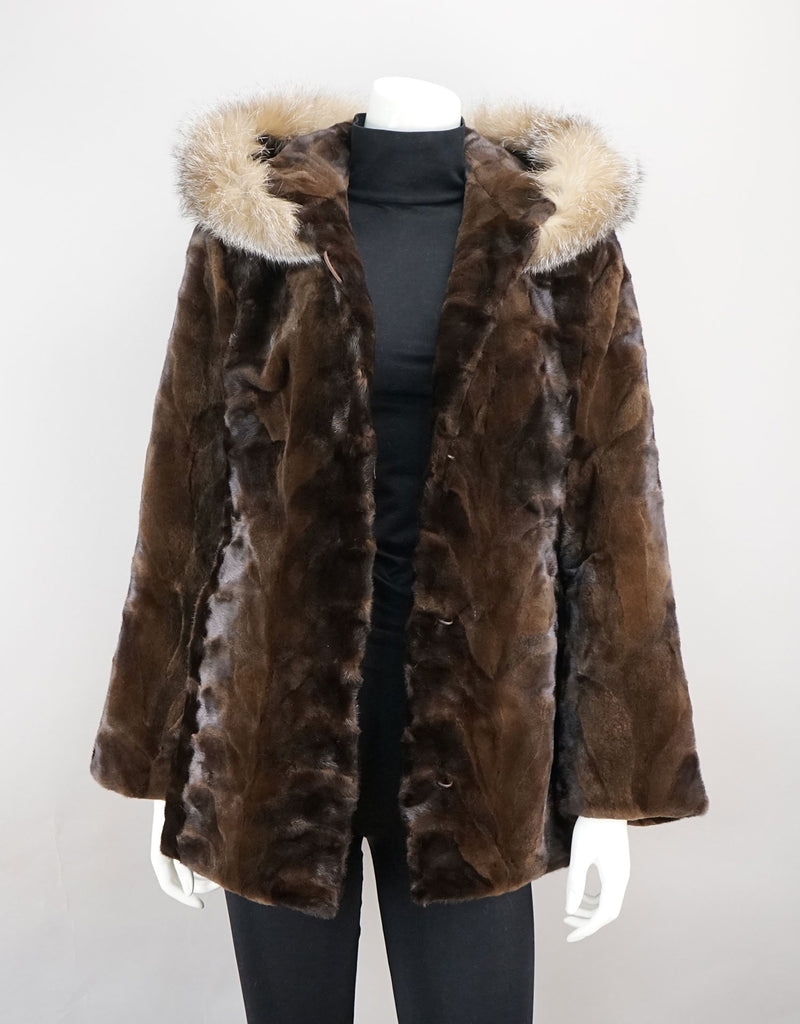 Sheared Mink Sections Coat with Fox Trim Hood - Mahogany