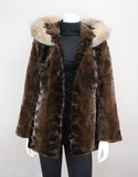Sheared Mink Sections Coat with Fox Trim Hood - Mahogany