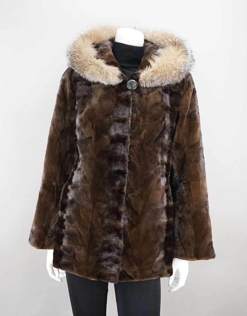Sheared Mink Sections Coat with Fox Trim Hood - Mahogany