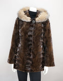 Sheared Mink Sections Coat with Fox Trim Hood - Mahogany