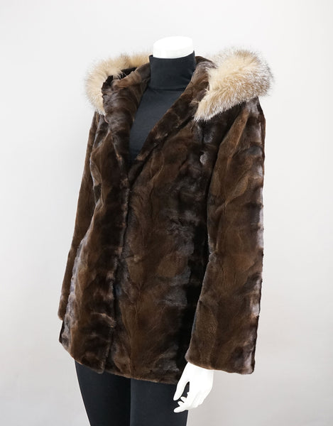 Sheared Mink Sections Coat with Fox Trim Hood - Mahogany