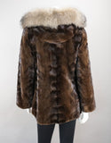 Sheared Mink Sections Coat with Fox Trim Hood - Mahogany