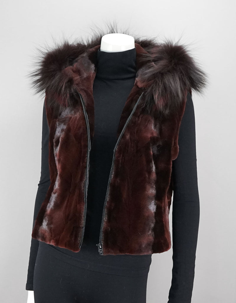 Sheared Mink Sections Vest with Fox Trim Hood - Burgundy