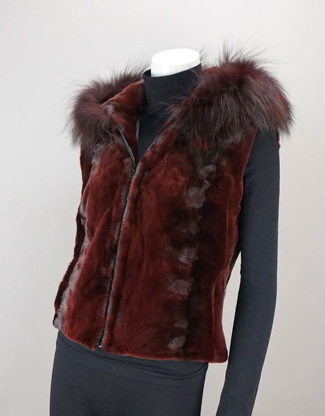 Sheared Mink Sections Vest with Fox Trim Hood - Burgundy