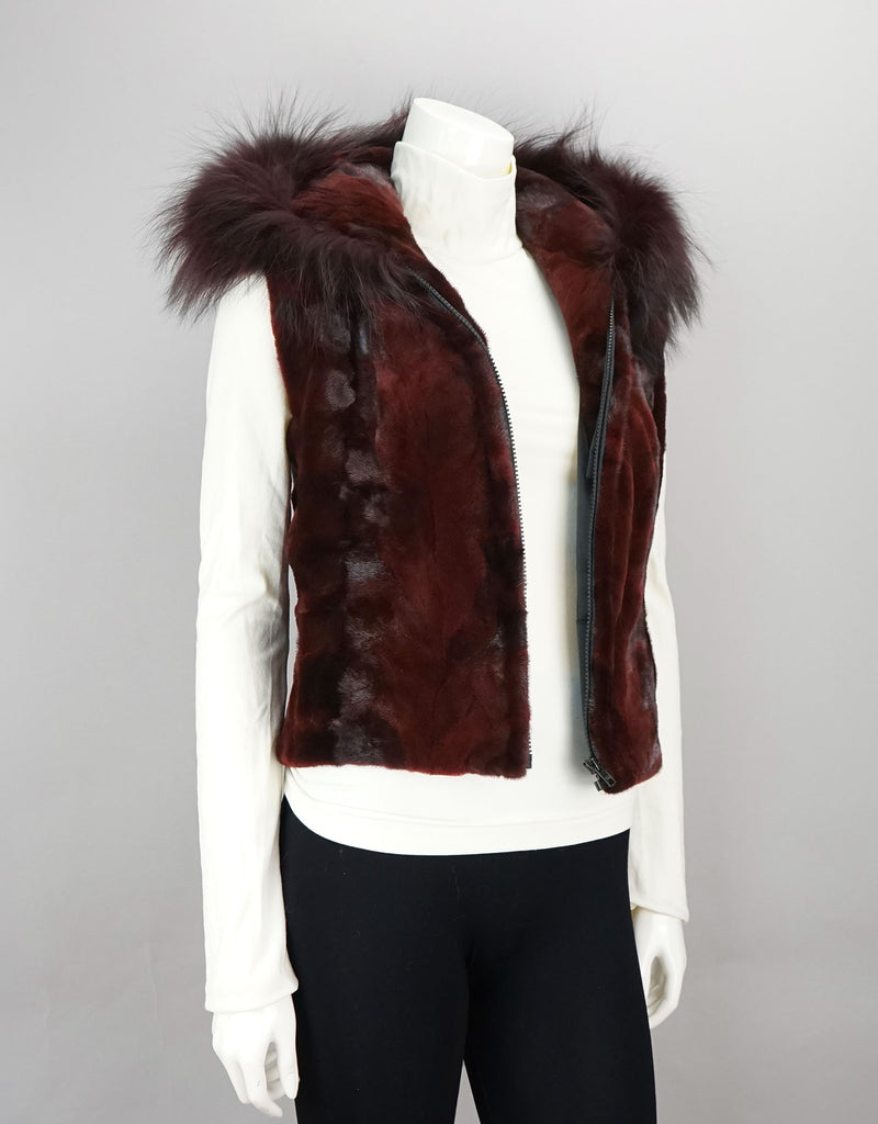 Sheared Mink Sections Vest with Fox Trim Hood - Burgundy